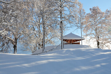 Park in winter with a shelter