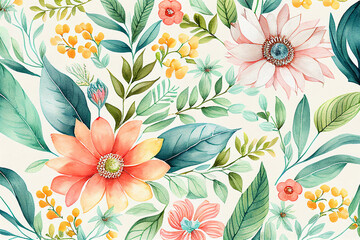 Watercolor blooming flowers pattern. Pastel colored flowers. Floral background. Created with generative ai
