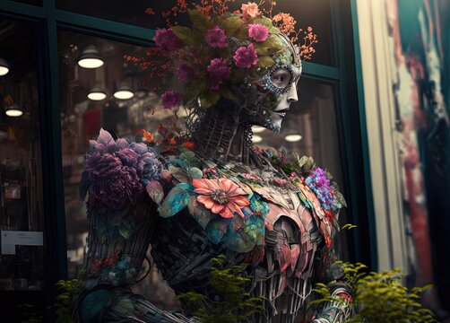illustration of  cyborg robot at flower shop with flowers vine climb on it  Generative Ai