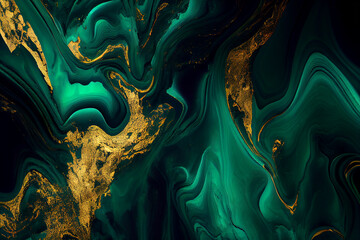 Liquid abstract green and gold marble texture painting, alcohol ink background