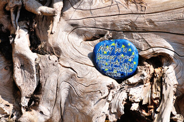 Quote painted on stone with wooden background