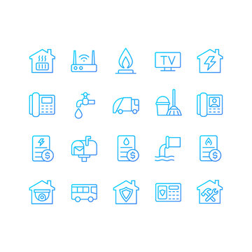 Public utilities pixel perfect gradient linear vector icons set. Water, gas and electricity supply. House heating. Thin line contour symbol designs bundle. Isolated outline illustrations collection