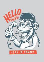 Monkey with old telephone handset speaking t-shirt graphic design. Funny shirt or clothing print template with comic style drawing of monkey with phone. Vector artwork.