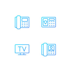 Home appliances pixel perfect gradient linear vector icons set. Security system. TV broadcasting. Door phone. Thin line contour symbol designs bundle. Isolated outline illustrations collection