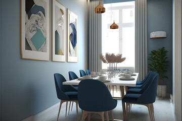 A modern living room, in a minimalist millenium crib, high ceiling and filled with warm blue and khaki colour as the wall blend in with the design of the furniture.	
