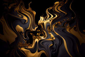 Liquid abstract black and gold marble texture painting, alcohol ink background