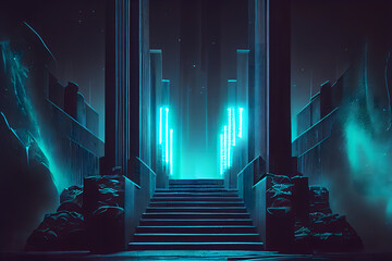 The futuristic city of concrete and neon, night city, dark street, stairs, illumination, abstract scene, neon rays