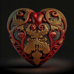 Heart with floral ornament on a black background. 3d illustration. Generative AI
