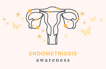 Endometriosis awareness background. Uterus with yellow flower and butterfly