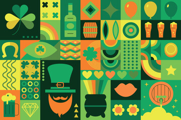 Collection of St. Patrick's Day holiday symbols. Set of Irish elements. Shamrock, green clover, pot of gold, beer mug, hat vector illustration