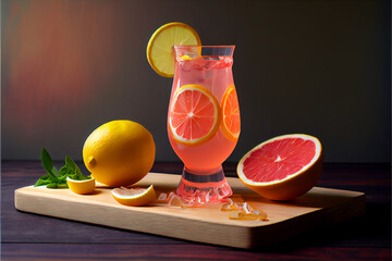 Pink lemonade drink with lemons and grapefruit on a cutting board, sliced lemon, tall glass, isolated on dark background, generative ai - obrazy, fototapety, plakaty