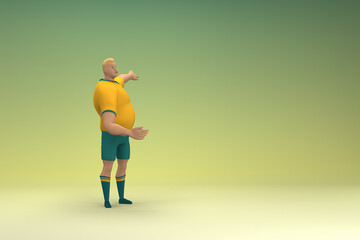 An athlete wearing a yellow shirt and green pants is expression of hand when talking