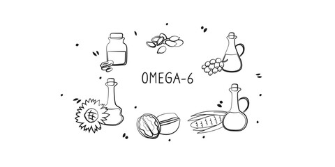 Omega-6-containing food. Groups of healthy products containing vitamins and minerals. Set of fruits, vegetables, meats, fish and dairy.