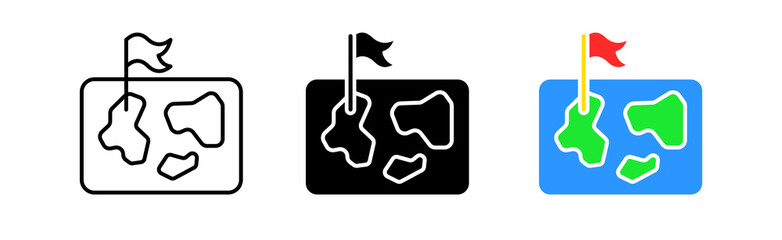 Map icons set. Tourist, travel, navigation, path, flag, label, direction, GPS, continents, continent, cartography, environment. Tourism concept. Vector line icon in different styles