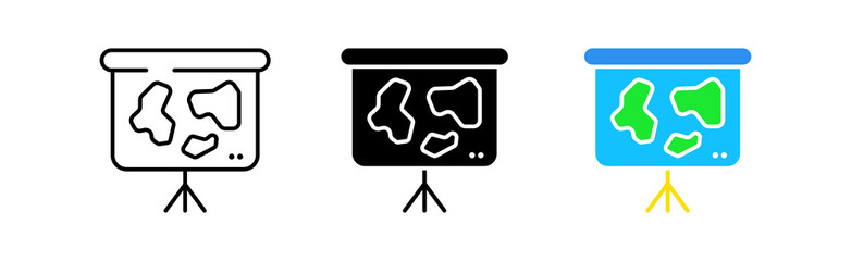 Map icons set. Lesson, geography, travel, tourism, navigation, path, label, direction, GPS, continents, continent, cartography, environment. Knowledge concept. Vector line icon in different styles