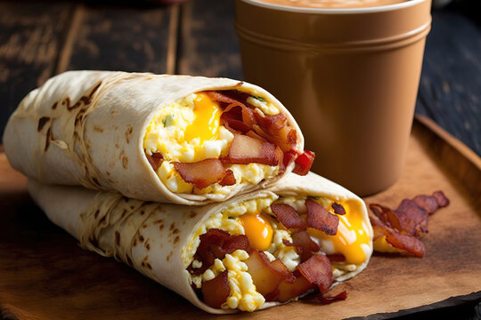 Potatoes, bacon, and eggs in breakfast burritos. Generative AI