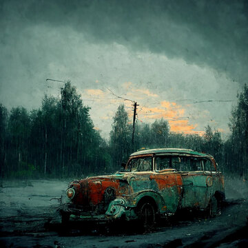 generative AI illustration of an old car on the road