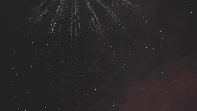 Panoramic view of the colorful fireworks. Beautiful fireworks close-up view in slow motion. Wonderful real fireworks in the night sky. 4K 120fps video, ProRes 422, 10 bit ungraded C-LOG.