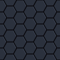 Black glossy ceramic hexagon tiles seamless pattern. Modern home interior, bathroom and kitchen wall texture. Vector black shiny metal embossed hexagon wall background.