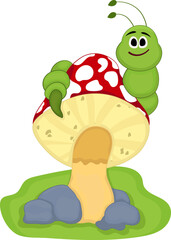 cartoon illustration of a children's mushroom in the grass with a caterpillar