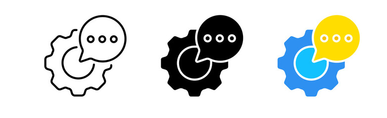 Settings icons set. Mechanism, speech bubble, notification, notification, edits, personalization, parameters, details. Technology concept. Vector line icon in different styles