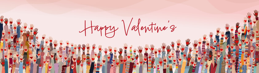 Group of raised hands of many people of different culture holding red heart. Valentine's Day party concept. Copy space banners. Poster template pink background