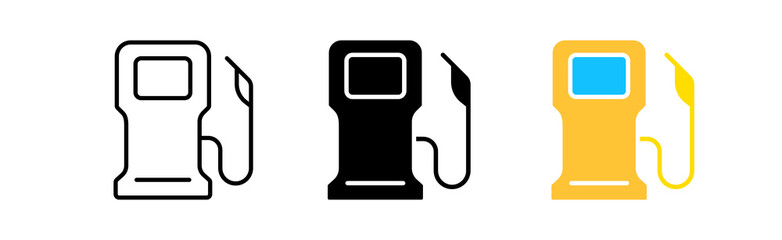 Filling column icons set. Gasoline, fuel, refueling, car, work, price, purchase, volume, service, way, travel. Technology concept. Vector line icon in different styles