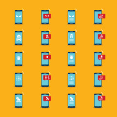 Malware notification on mobile phone. Virus, malware, email fraud, e-mail spam, phishing scam, hacker attack concept. Vector illustration. Icons set.	