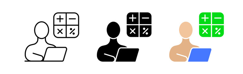 Obraz premium Accountant icons set. Accounting, bookkeeping, documents, calculator, technology, finance, app, math, data, economics. business concept. vector line icon in different styles