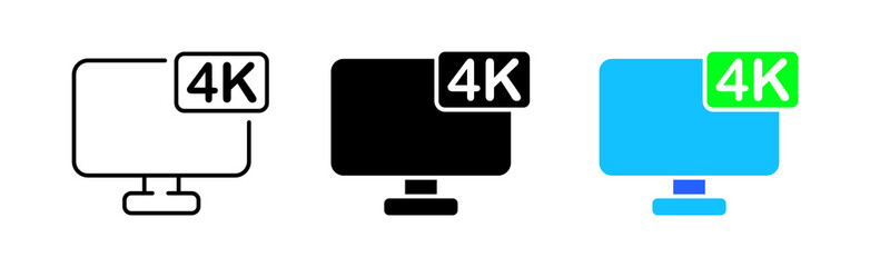 Monitor 4k icons set. Screen, display, high resolution, characteristics, gadgets, peripherals, visualization, pixels, media. Technology concept. Vector line icon in different styles