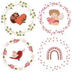 Beautiful compositions with flower wreaths and a cute cupid, a sloth in love, a rainbow. Bright illustrations for greeting cards, posters, banners. Vector.
