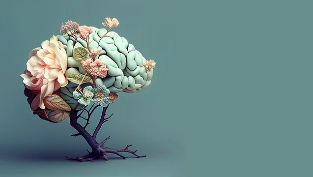 Human brain tree with flowers, self care and mental health concept, positive thinking, creative mind, generative AI