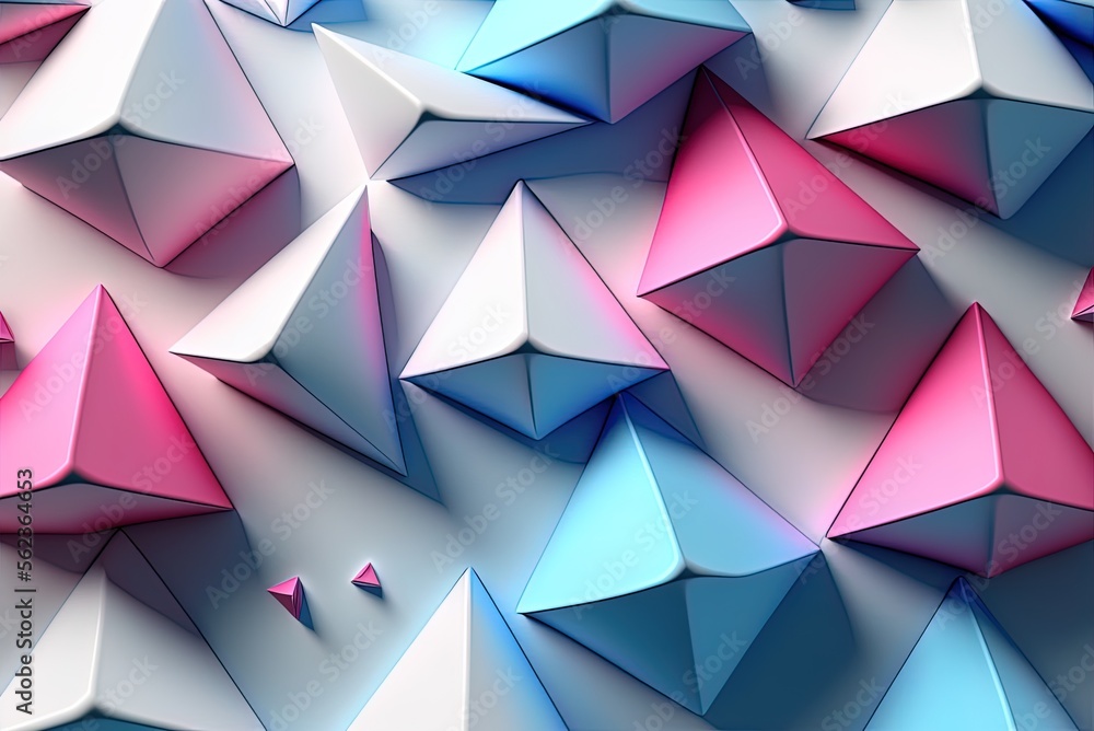Poster crystalline triangular pyramids on a shiny, high-tech background. the three primary colors: in-depth