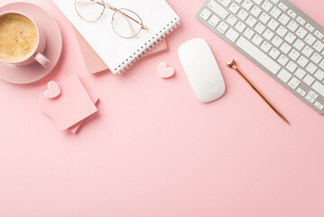Valentine's Day concept. Top view photo of notepads pen stylish glasses hearts sticky note paper keyboard computer mouse and cup of hot drinking on isolated pastel pink background with empty space