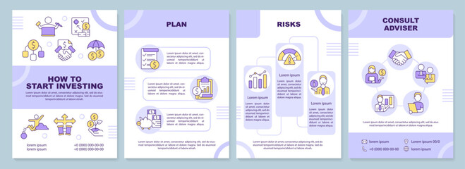 How to start investing purple brochure template. Leaflet design with linear icons. Editable 4 vector layouts for presentation, annual reports. Arial-Black, Myriad Pro-Regular fonts used