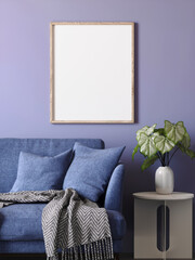 3d render - Mock-up frame in modern pale blue violet home interior with modern blue velvet sofa, chevron throw, side table and plant in vase
