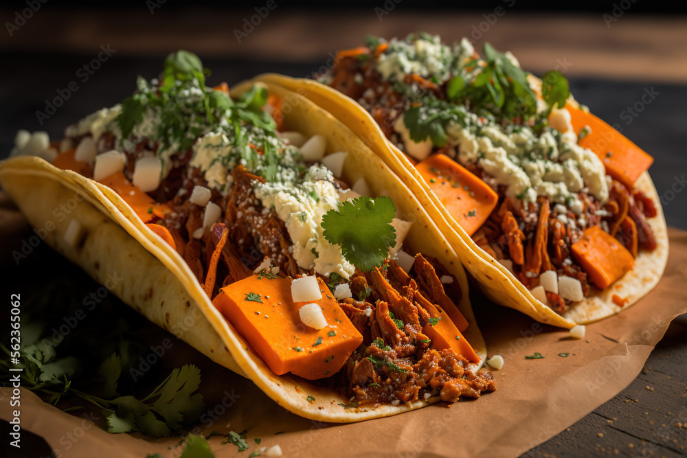 Wall mural meat, sweet potato, and cotija cheese tacos from mexico. generative ai