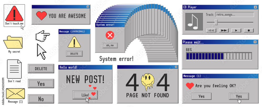 Poster old computer aestethic. retro pc elements, user interface. nostalgia for 1990s -2000s. vector illust