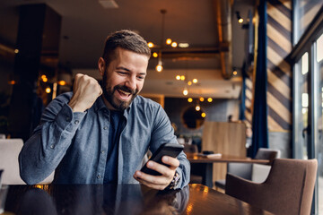 A young happy man is sitting in celebrating victory in coffee shop while looking at the phone.