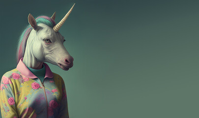 Surreal hybrid fantasy creature, half unicorn, half woman in mythologie, wearing human clothes, pastel color, illustration, generative AI