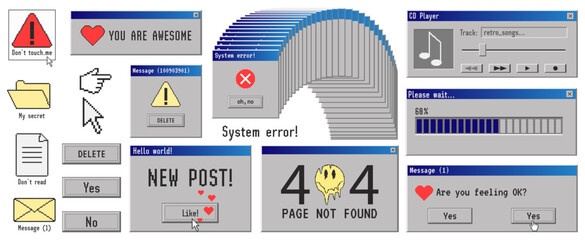 Fototapeta na wymiar Old computer aestethic. Retro pc elements, user interface. Nostalgia for 1990s -2000s. Vector illustrations. 