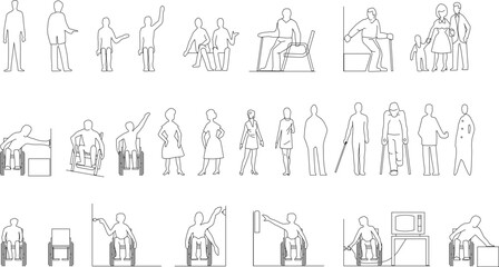 sketch vector illustration of people with disabilities with their activities
