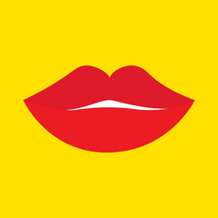 Red female Lips icon. Lipstick makeup. Sexy lip collection. Woman Girl Mouth Set. White teeth tooth. Smile Kiss shape. Fashion beauty style. Flat design. Yellow background. Isolated.