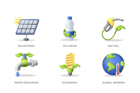 Ecology 3D icons set in modern design. Pack isolated elements of solar panel, recyclable plastic, biofuel, water resource, eco energy, global warming. Illustration in realistic render for web