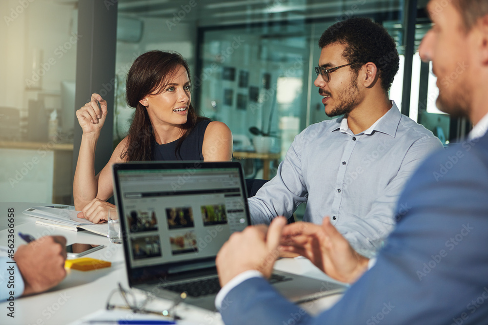 Poster Team, business conversation and web design planning and laptop for digital marketing and online networking for website. Teamwork, discussion and web management or brainstorming with tech device