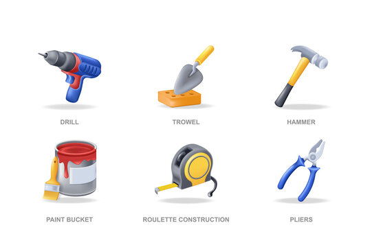 Repair tools 3D icons set in modern design. Pack isolated elements of drill, trowel, hammer, paint bucket with brush, roulette construction, pliers. Illustration in realistic render for web