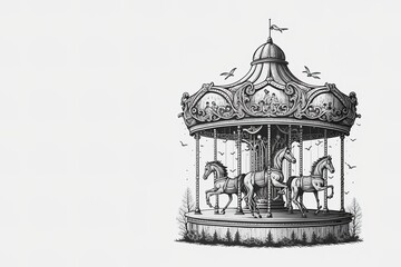 Vintage carousel with horses. Sketch. Engraving style. Children carousel sketch style vector illustration. generative ai
