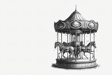 Vintage carousel with horses. Sketch. Engraving style. Children carousel sketch style vector illustration. generative ai