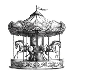 Fototapeta na wymiar Vintage carousel with horses. Sketch. Engraving style. Children carousel sketch style vector illustration. generative ai