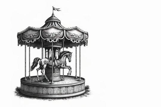Vintage carousel with horses. Sketch. Engraving style. Children carousel sketch style vector illustration. generative ai